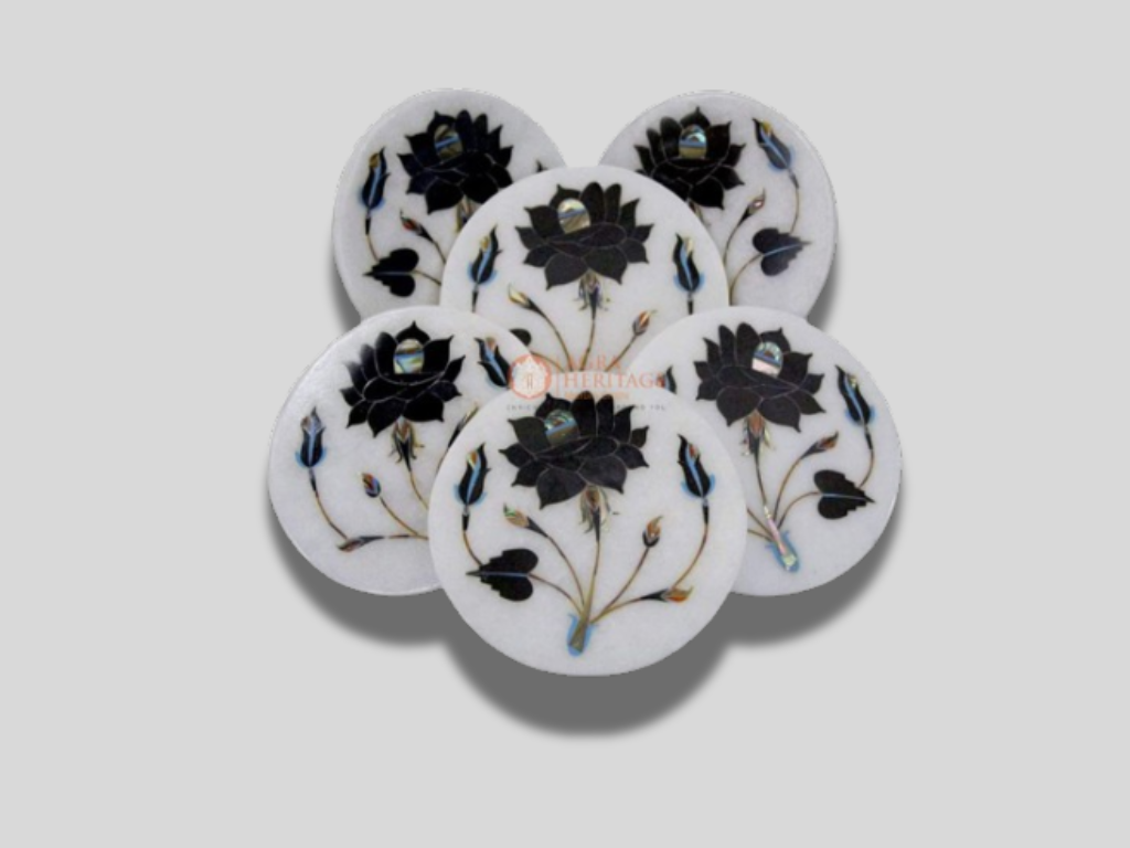 White Marble Coaster Set Pietra Dura Floral Inlaid Art